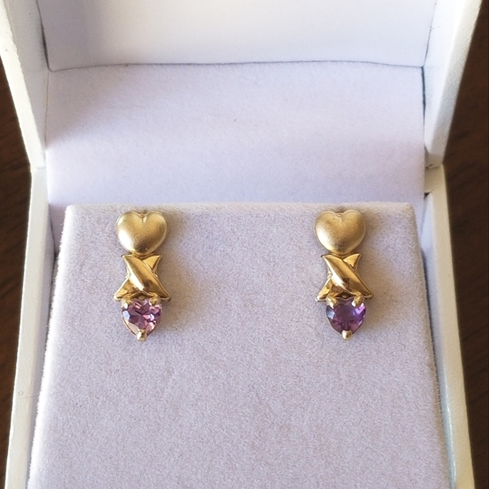 10K Gold Amethyst Heart Earrings